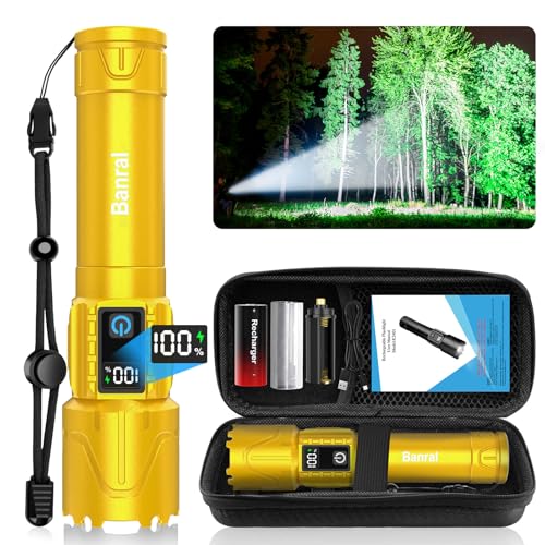 Banral Rechargeable Tactical Flashlights 2000 High Lumens - 5000mAh Super Bright LED Powerful Flash Light, Waterproof Handheld USB C Flashlight for Home,Car,Camping,Emergencies,5 Modes (1, Gold) - color: Gold