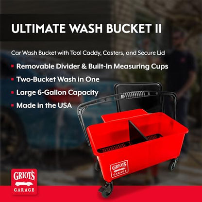 Griot's Garage Ultimate Wash Bucket II for Vehicle Cleaning, Detailing, Car Washing with Built-in Measuring Cups and Removable Divider, Includes Bucket, Casters, Caddy, and Lid, 6 Gallon