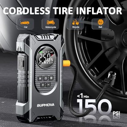 8000A Jump Starter with Air Compressor, 150PSI | For All Gas & 10L Diesel Vehicles. Tire Inflator, Power Bank, LED Light. Portable w/ Storage Case