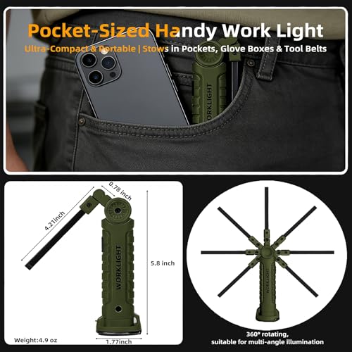 LED Work Light Rechargeable Flashlight, Tool Gifts for Fathers Day Dad Hubby Men Him Husband Mechanic Torch Grill Light Inspection Lamp Magnetic Base 5 Modes 360° Rotate Car Emergency Repair Green - color: Green