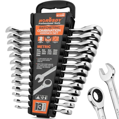 HORUSDY 13-Piece Sturdy Ratcheting Wrench Set | Metric Sizes 6–19mm | Max Torque Ratchet Combination Wrenches Set with Storage Rack | 72-Tooth | Chrome Vanadium Steel - style: 13pcs Metric Ratchet Wrench Set
