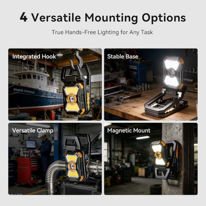 Adelante W3 Rechargeable Clamp Work Light, 2100LM, 360° Rotating Head | 4000mAh battery, 3-10 hours runtime, 2.5 in clamp, dual magnets, IPX4 waterproof, USB-C charge and USB output for workshop