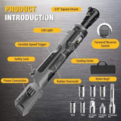 3/8" Electric Ratchet Wrench Fit DEWALT 20V Battery, 88 Ft-lbs(Tool Only) | 120N.m, 500 RPM, Electric Ratchet Wrench Set, Variable Speed, LED Light, 5 Sockets, 1/4" & 1/2" Adaptors, 3" Extension Bar - color: Gray
