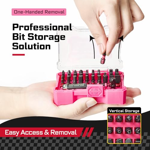 Geinxurn 32Pieces Impact Screwdriver Bits Set, S2 Steel Magnetic Phillips/Slotted/Square/Torx/Hex Muliti Insert Bits Tips Set with Impact Bit Holder and 1/4”Socket Adapter(Pink Storage Box Case) - style: FQ032025-APK
