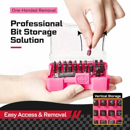 Geinxurn 32Pieces Impact Screwdriver Bits Set, S2 Steel Magnetic Phillips/Slotted/Square/Torx/Hex Muliti Insert Bits Tips Set with Impact Bit Holder and 1/4”Socket Adapter(Pink Storage Box Case) - style: FQ032025-APK