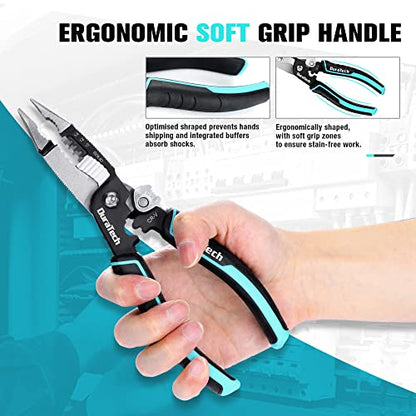 DURATECH 5-in-1 Wire Stripper, 8" Wire Stripper and Crimping Tool, Premium CR-V Construction, Needle Nose Plier, Multifunctional Electrician Pliers for Crimping, Cutting, Stripping, Shearing, Clamping