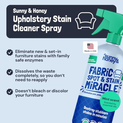 Sunny & Honey Upholstery Cleaner Spray for Furniture & Fabrics, 32floz Mint | Made in the USA - Enzymatic Mattress, Fabric, Upholstery and Couch Cleaner - Color Safe - Removes Old and New Stains