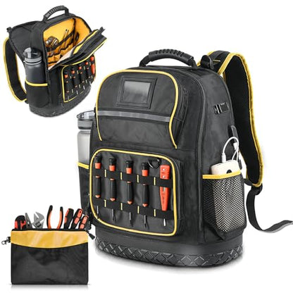 Heavy Duty Tool Backpack with Laptop Compartment, Hard Bottom & Tool Pouch Durable Electrician Tool Bag Organizer with Multiple Pockets, USB Port, Water Bottle Holders, HVAC Work Backpack for Men