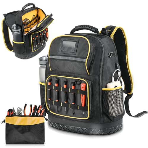 Heavy Duty Tool Backpack with Laptop Compartment, Hard Bottom & Tool Pouch Durable Electrician Tool Bag Organizer with Multiple Pockets, USB Port, Water Bottle Holders, HVAC Work Backpack for Men