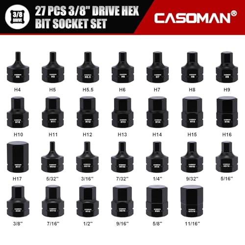 CASOMAN 27-Piece 3/8" Drive Low Profile Impact Hex Bit Socket Set, S2 Steel Allen Bit Socket Set, SAE & Metric, Includes Storage Case