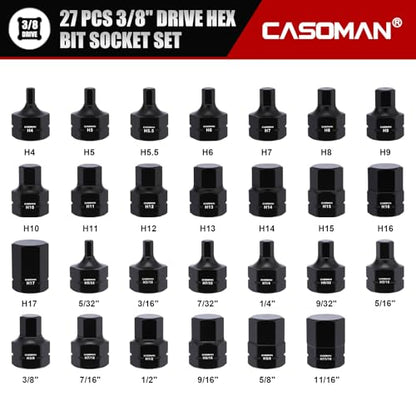 CASOMAN 27-Piece 3/8" Drive Low Profile Impact Hex Bit Socket Set, S2 Steel Allen Bit Socket Set, SAE & Metric, Includes Storage Case