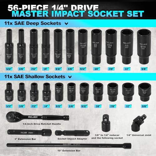 Socket Set 1/4, 56 Piece Impact Socket Set Metric and Standard Full, 6 Point, Cr-V, 1/4-Inch Drive Ratchet Handle, Drive Extension Bar, Impact Universal Joint,impact adapter - size: 1/4inch 56 PCS
