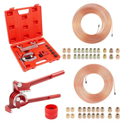 ICOOL 25 ft 3/16" and 1/4" Copper-Plated Brake Line Flaring Tool Kit with 20 Fittings and 4 Unions Brake Line Fittings, Brake Line Kit with Tube Bender and Reamer