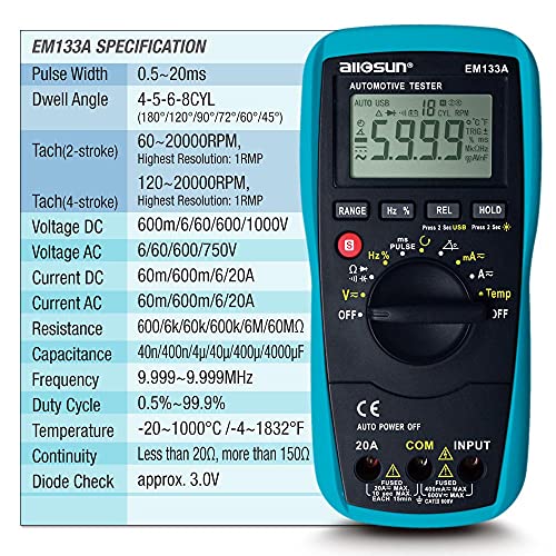allsun EM133A Auto Multimeter AC/DC Volt Ohm Amp Tester Tool | RPM, Dwell, Pulse Width, Temp, Capacitance, Continuity, Frequency. Diagnostic for car repair, workshop, DIY maintenance