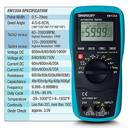 allsun EM133A Auto Multimeter AC/DC Volt Ohm Amp Tester Tool | RPM, Dwell, Pulse Width, Temp, Capacitance, Continuity, Frequency. Diagnostic for car repair, workshop, DIY maintenance