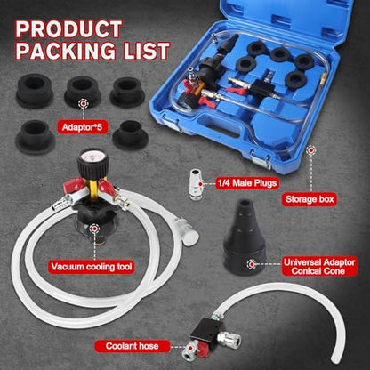 PLAYOCCAR Coolant Vacuum Refill Kit Universal with Pressure Gauge & 7 Adapters | For Automotive Cooling System, Includes Hoses, Radiator Pressure Tester, Works on All Vehicles