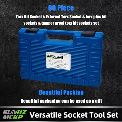 SUNHZMCKP 60PCS Master Torx Socket and External Torx Plus Security Star Bit | 1/4", 3/8", 1/2" Drive Socket Bit, Female E Sockets E4-E24, Star Socket Bits T6-T70, TT6-TT70, TP8-TP60, CR-V&S2 Alloy Steel - color: 60 Piece Torx Bit Socket Set