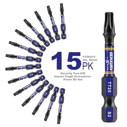Geinxurn 2 In. Security T25 Impact Magnetic Screwdriver Bit Set, 15 Pieces #25 Torx Head Power Bit Set, S2 Alloy Steel Hollow Star Bit Set - size: 2"-15PCS, style: TT25