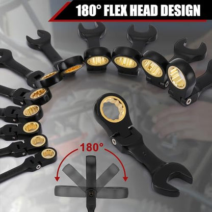 Mayouko 24PCS Stubby Flex Head&Regular Ratcheting Combination Wrench Set, Standard in SAE 1/4"-7/8" & Stubby in Metric 6-22mm, 12 Point, 72 Tooth, Cr-V Steel with Black Chrome Finish