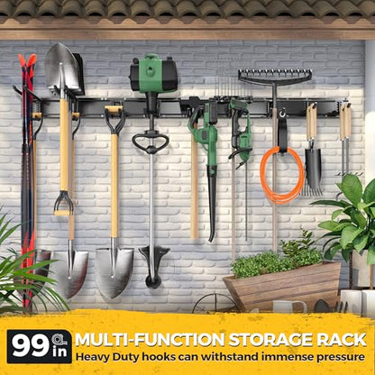 LBT 99" Garage Tool Organizer Wall Mount - 1000lbs Garden Tool Organizer with Adjustable Hooks, Heavy Duty Metal Garage Storage Rack, Anti-Rust Shed Rack Holder Hanging Rake Broom Mower Snowboard | with Adjustable Hooks, Heavy Duty Metal Garage Storage Ra