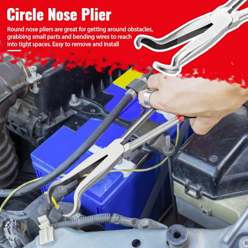 Needle Nose Pliers Set 5Pcs, Extra Long Reach Plier Set, 90°&45° Bent Nose Pliers, Circle Nose/Diagonal Pliers for Narrow Spaces, 11" Long Reach Straight Plier for Wire Bending, Trimming