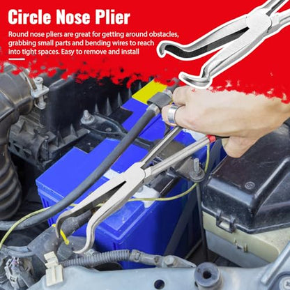 Needle Nose Pliers Set 5Pcs, Extra Long Reach Plier Set, 90°&45° Bent Nose Pliers, Circle Nose/Diagonal Pliers for Narrow Spaces, 11" Long Reach Straight Plier for Wire Bending, Trimming
