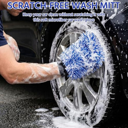 4 Pack Microfiber Car Wash Mitts Set 10x7 Inch Soft Suede Lining Car Wash Gloves, Highly Absorbent Scratch-Free Cleaning Cloths for Auto Detailing, Safe with All Soaps, Bucket (Blue) - color: Blue