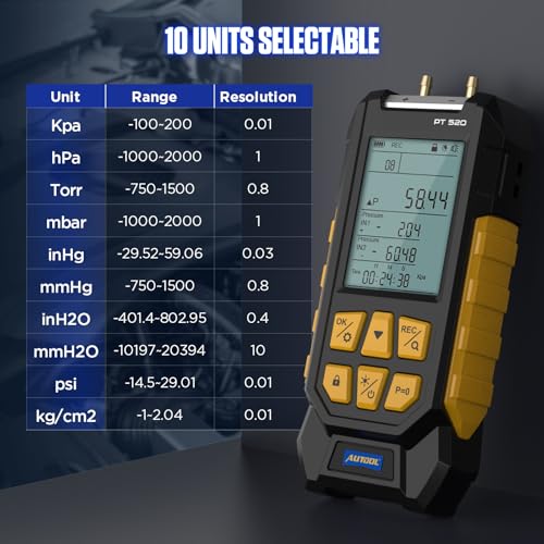 AUTOOL Manometer Gas Pressure Tester,Digital Manometer HVAC,10 Units Differential Dual Port Pressure Gauge -100 to 200Kpa,Data Zeroing with Backlight LCD Display
