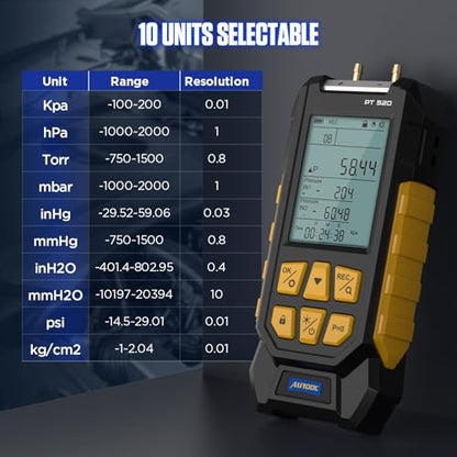 AUTOOL Manometer Gas Pressure Tester,Digital Manometer HVAC,10 Units Differential Dual Port Pressure Gauge -100 to 200Kpa,Data Zeroing with Backlight LCD Display