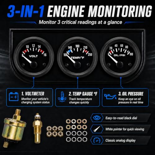 2" 52mm Triple Gauge Set, Oil Pressure Gauge | Water Temp Gauge, Voltmeter, 12V Car Truck Boat Marine - color: WHITE