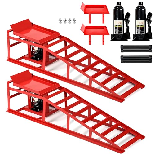 2PCS 5T 11060lbs Hydraulic Car Ramps, Heavy Duty Hydraulic Vehicle Ramps Lift Ramp, Portable Car Ramps for Oil Changes, Car Lifts for Home Garage, Vehicle Auto Garage Repair, Mens Gifts Ideas - color: Red