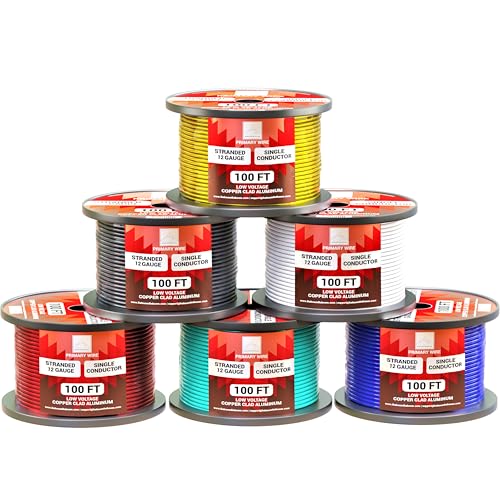 12 Gauge Wire Combo 6 Pack (600ft Total) 100ft Per Roll, 12V Low Voltage Automotive and Electrical Cable, Copper Clad Aluminum (CCA)