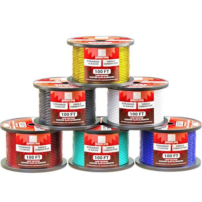 12 Gauge Wire Combo 6 Pack (600ft Total) 100ft Per Roll, 12V Low Voltage Automotive and Electrical Cable, Copper Clad Aluminum (CCA)