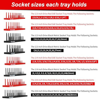 TOOLEAGUE 9Pcs Socket Organizer Tray and Magnetic Wrench Holder Set,Red SAE & Black Metric, 1/2", 1/4", 3/8" Socket Storage Trays for Tool Box Drawer - size: 9pcs