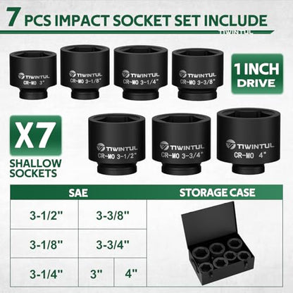 1-Inch Drive Socket Set, 7-Piece, Jumbo Impact Socket for Trailer | SAE, 3", 3-1/8", 3-1/4'', 3-3/8", 3-1/2",3-3/4", 4" Shallow Spindle Axle Nut Socket Set with Metal Case for Heavy Equipment - size: 3"-4"