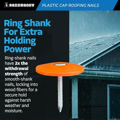 Sandbaggy 1" Plastic Cap Roofing Nails - Ring Shank, Electro Galvanized - Roof Underlayment, Felt Paper, House Wrap, Tar Paper (300)