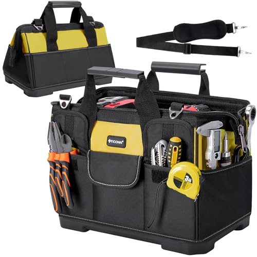 TICONN Heavy Duty Tool Bag with Multi-Pockets, Portable Tool Box Organizer Storage Bag, with Adjustable Shoulder Strap and Ergonomic Handle (Yellow, 16" Molded Base) - color: Yellow, size: 16" Molded Base