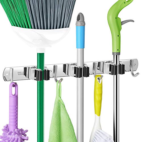IMILLET Broom and Mop Holder Wall Mounted, Stainless Steel Broom Holder Mop Holder Self Adhesive Heavy Duty Hooks Storage Organizer for Home Laundry Room Garden Garage（3 Racks with 4 Hooks） - color: 3 Racks with 4 Hooks, size: 1 Pack
