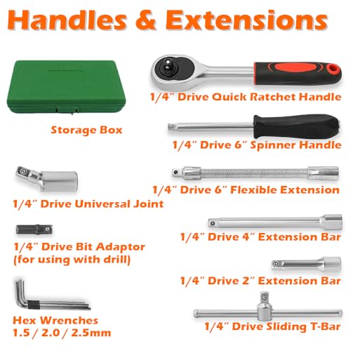 46pcs 1/4" Screw Driver Socket Ratchet Wrench Set, With Bit Socket Set Metric And Extension Bar For Auto Repairing And Household, With Storage Box (46, Green)