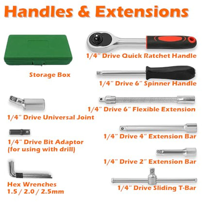 46pcs 1/4" Screw Driver Socket Ratchet Wrench Set, With Bit Socket Set Metric And Extension Bar For Auto Repairing And Household, With Storage Box (46, Green)