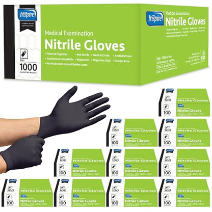 Inspire Black Nitrile Disposable Gloves | 4.5 Nitrile Disposable Safety Medical Cooking Cleaning Gloves - size: Medium, style: Black - Case of 1000