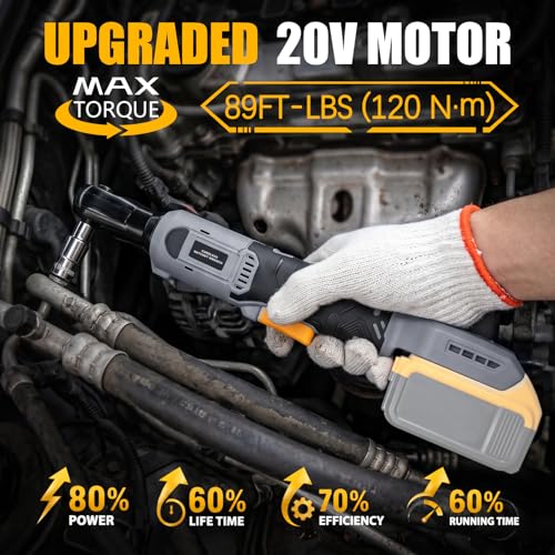 3/8" Cordless Ratchet Wrench Compatible With DEWALT 20V MAX Battery(Tool Only), 89Ft-Lbs(120N.m), Electric Ratchet Wrench Set with Variable Speed, LED Light, 5 Sockets, 3" Extension Bar, 1/2" Adapter