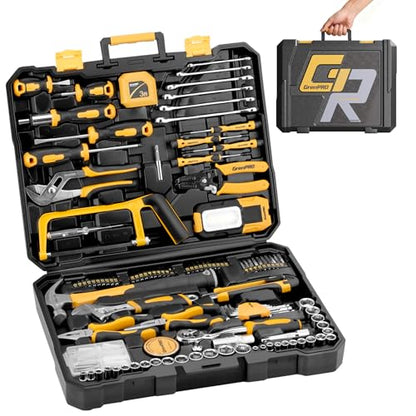 GRENPRO 218PCS Basic Auto Hand Tool Set Household Repair Tool Box Kit | Portable Tool Box, CR-V Steel, Complete Kit, Anti-Drop Slots, Household DIY, Auto Motorcycle, Home Garage For Men & Women - style: Yellow Hand Tool Set 218PC