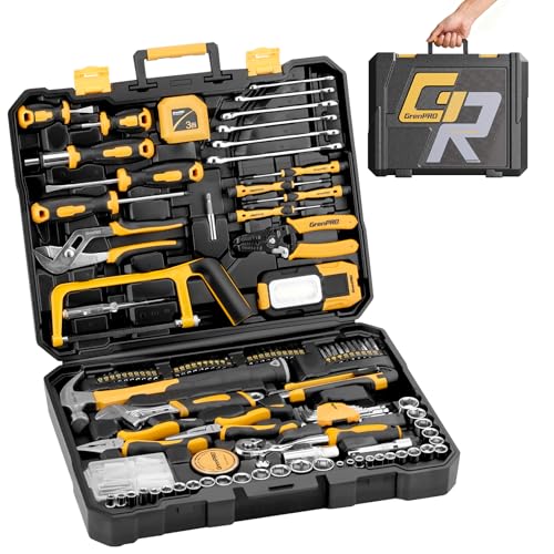 GRENPRO 218PCS Basic Auto Hand Tool Set Household Repair Tool Box Kit | Portable Tool Box, CR-V Steel, Complete Kit, Anti-Drop Slots, Household DIY, Auto Motorcycle, Home Garage For Men & Women - style: Yellow Hand Tool Set 218PC