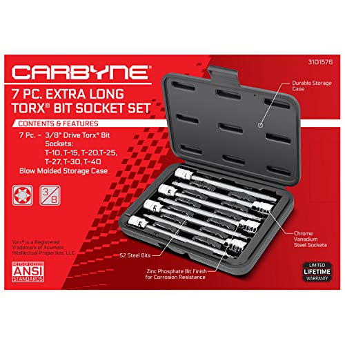CARBYNE 7-Piece Torx Extra Long Bit Socket Set, T10 to T40, 3/8 in. Drive, S2 Steel Bits, CrV Sockets, Zinc Phosphate, 6.1 in. Length, Durable Case, Genuine Licensed Torx - style: Torx