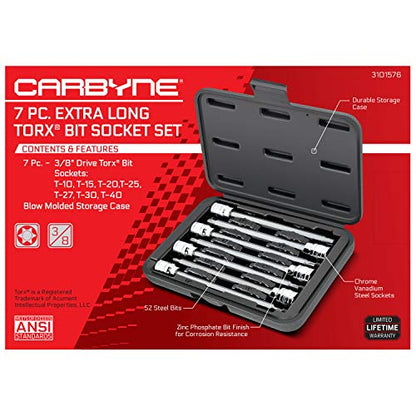 CARBYNE 7-Piece Torx Extra Long Bit Socket Set, T10 to T40, 3/8 in. Drive, S2 Steel Bits, CrV Sockets, Zinc Phosphate, 6.1 in. Length, Durable Case, Genuine Licensed Torx - style: Torx