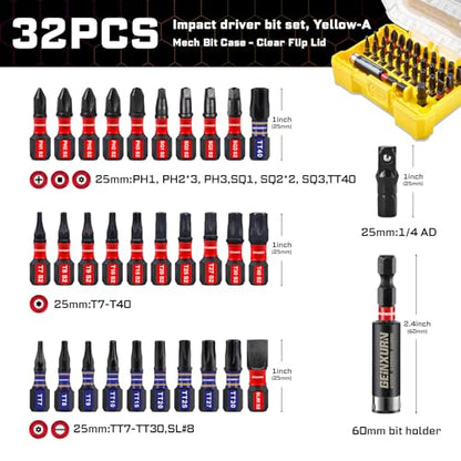 Geinxurn 32Pieces Impact Screwdriver Bits Set,S2 Steel Magnetic Phillips/Slotted/Square/Torx Muliti Insert Bits Tips Set with Impact Bit Holder and 1/4”Socket Adapter(Yellow Storage Box Base) - style: FQ032025-AYW