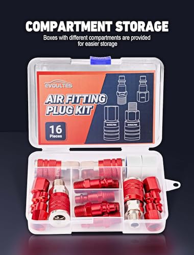 EVOULTES 16 Pieces Universal 1/4" NPT Air Hose Fittings & Coupler Kit, Lightweight Aluminium With Quick Connect Plug, Pneumatic Tool Fitting for Compressor Accessories