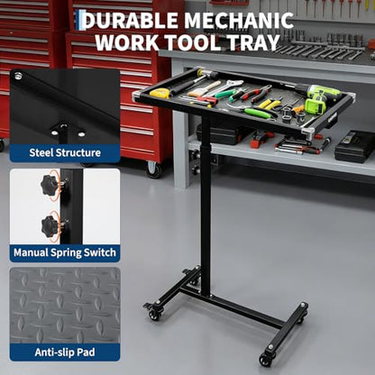 Adjustable Work Table with Wheels, 220 LBS Capacity Rolling Tool Tray | Black, Heavy Duty Mobile Workbench with Non-Slip Mat, Carbon Steel Mechanic Tool Cart for Garage Tear Down & DIY - color: Black