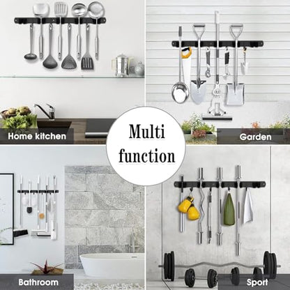 Black 5 Racks and 4 Hooks Mop and Broom Holder Wall Mount, Broom Organizer Storage Tool Racks Stainless Steel Heavy Duty Hooks Self Adhesive Solid Non-slip for Home Kitchen Garden Laundry Garage | Mop Holder Wall Mount and Broom Hanger for Garage, Laundry